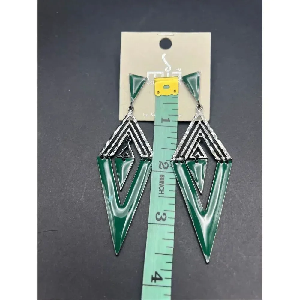 Mia Collection Black Forest Green Enamel Diamond Chevron Triangle Earrings